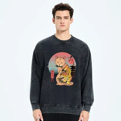 Tokyo-Tiger Katana Cat Tattoo Washed Sweatshirt
