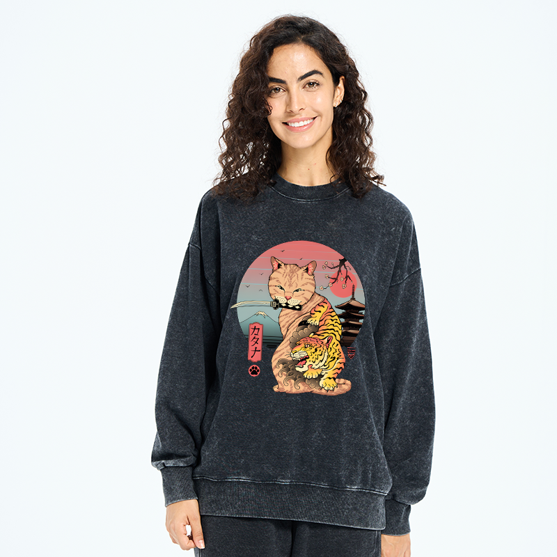 Tokyo-Tiger Katana Cat Tattoo Washed Sweatshirt