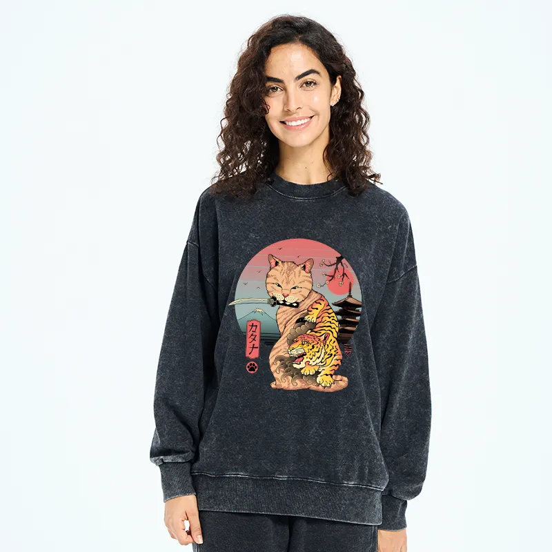 Tokyo-Tiger Katana Cat Tattoo Washed Sweatshirt
