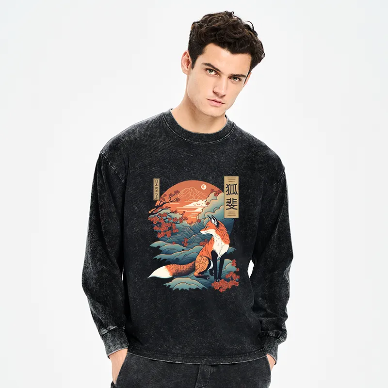 Tokyo-Tiger Japanese Kitsune Fox Sakura Washed Long Sleeve T-Shirt