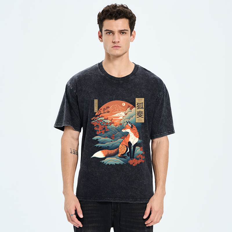 Tokyo-Tiger Japanese Kitsune Fox Sakura Washed T-Shirt