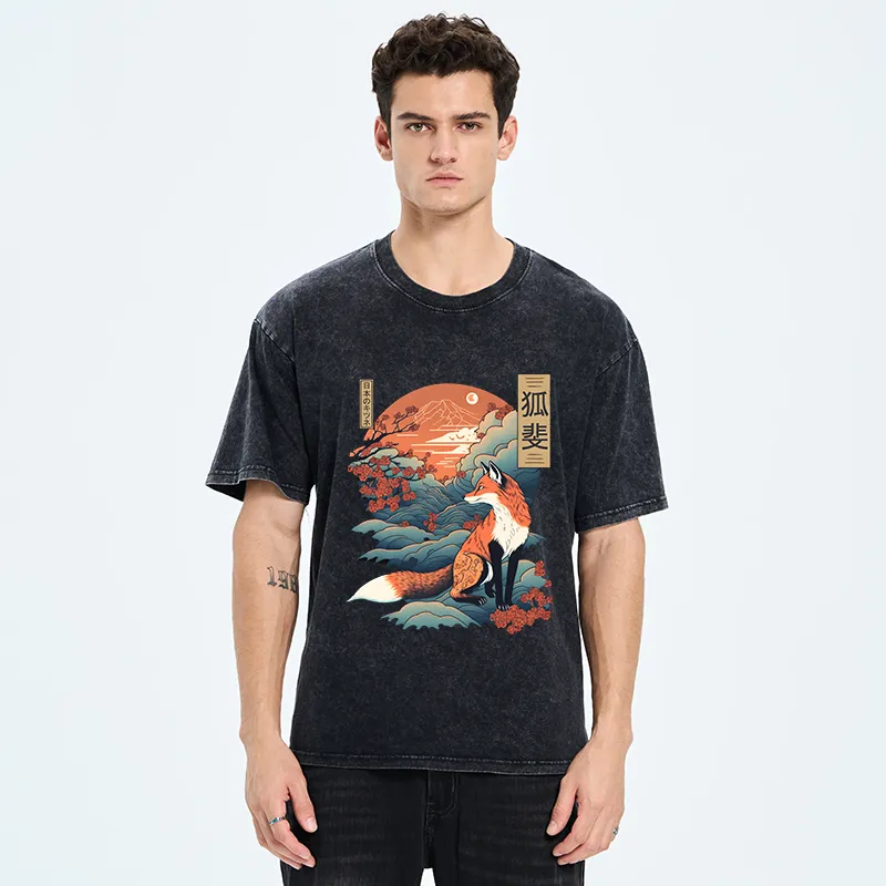 Tokyo-Tiger Japanese Kitsune Fox Sakura Washed T-Shirt