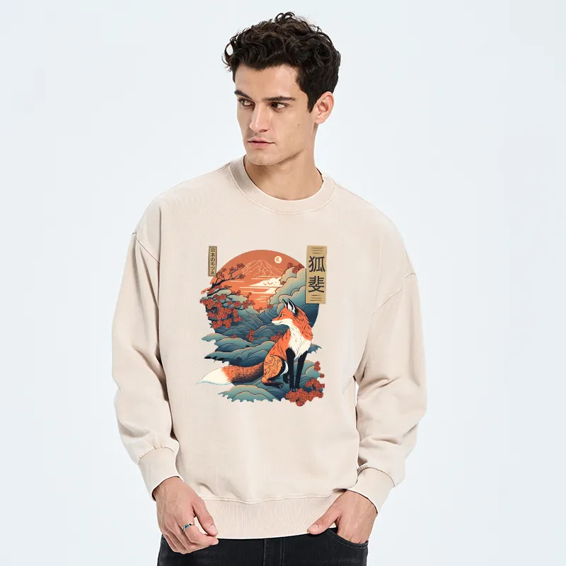 Tokyo-Tiger Japanese Kitsune Fox Sakura Washed Sweatshirt