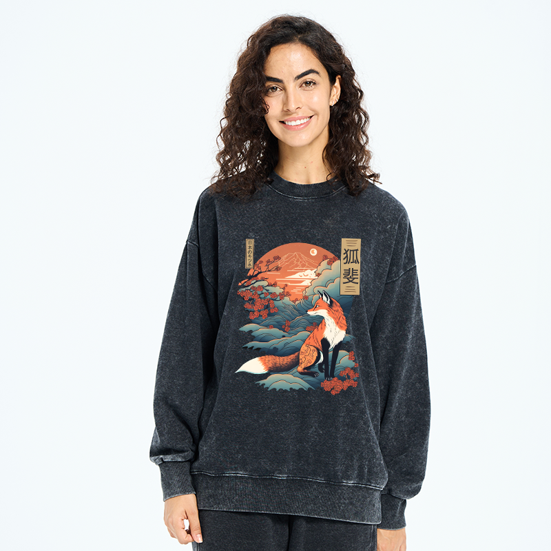 Tokyo-Tiger Japanese Kitsune Fox Sakura Washed Sweatshirt