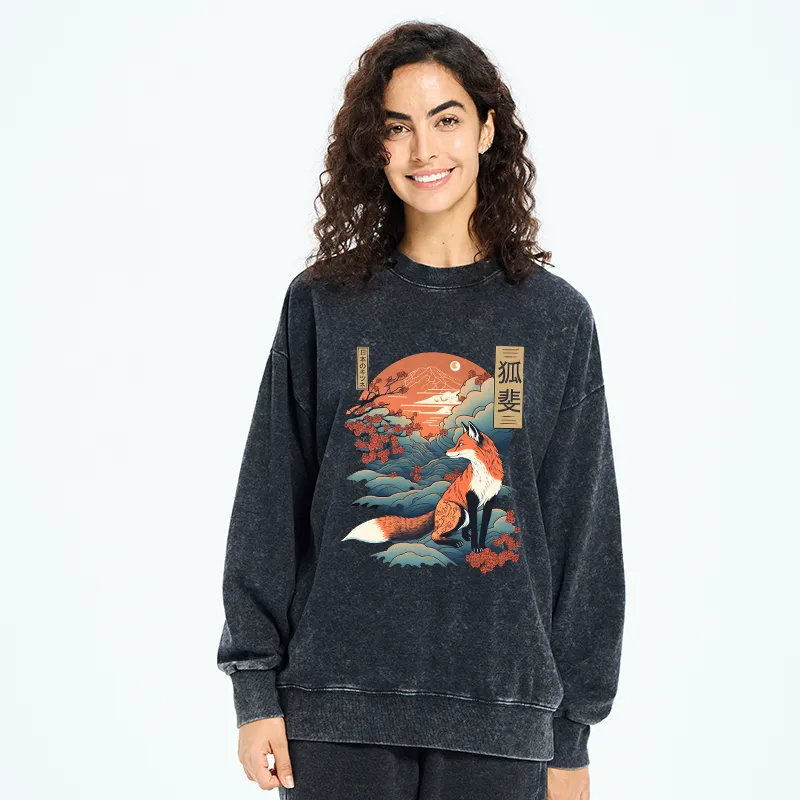 Tokyo-Tiger Japanese Kitsune Fox Sakura Washed Sweatshirt