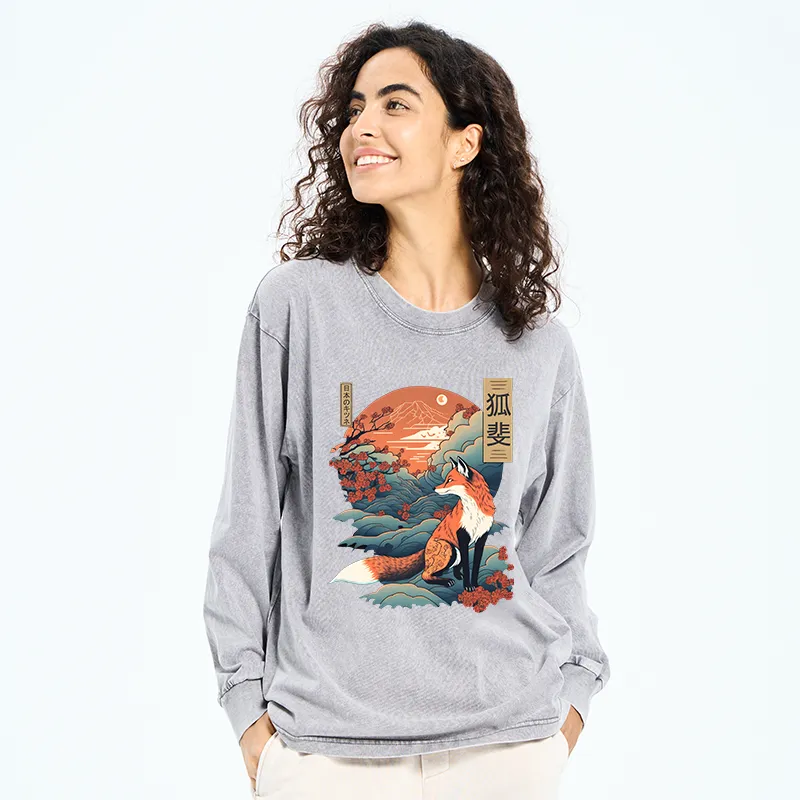 Tokyo-Tiger Japanese Kitsune Fox Sakura Washed Long Sleeve T-Shirt