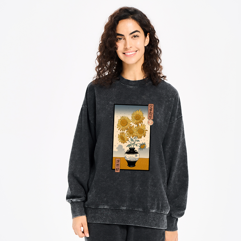 Tokyo-Tiger Sunflowers Ukiyo-e Washed Sweatshirt