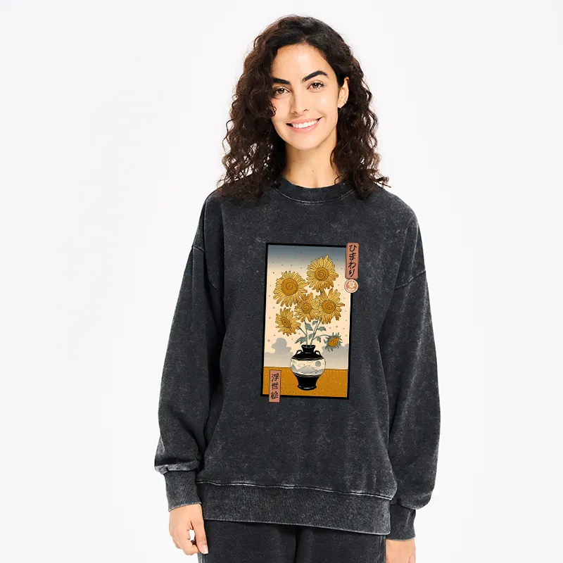 Tokyo-Tiger Sunflowers Ukiyo-e Washed Sweatshirt