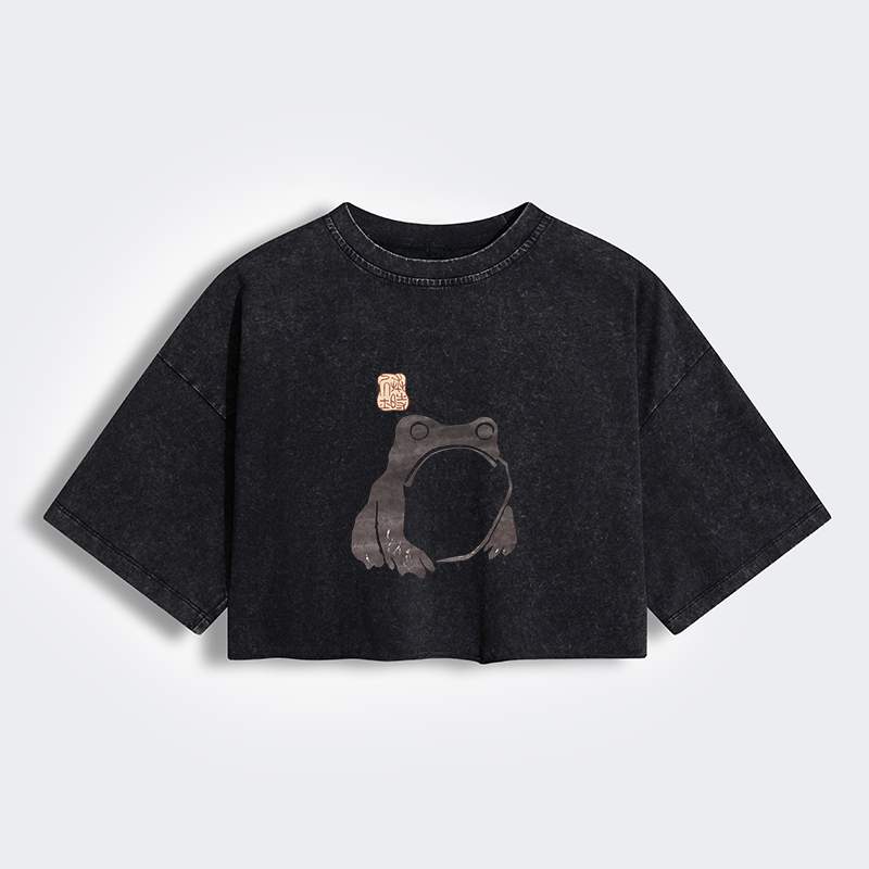 Tokyo-Tiger Matsumoto Hoji Woodblock Print Frog Women's Washed Crop T-Shirt