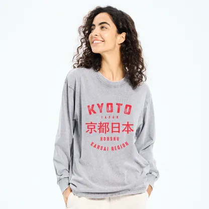 Tokyo-Tiger Kyoto City Japan Vintage Washed Long Sleeve T-Shirt