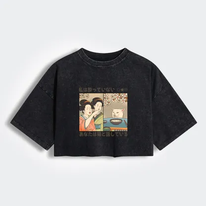 Tokyo-Tiger Japanese Woman Shouting at a Cat Women's Washed Crop T-Shirt