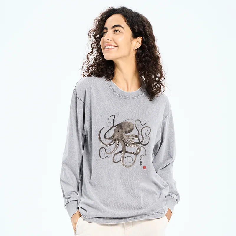Tokyo-Tiger Octopus Japanese Calligraphy Washed Long Sleeve T-Shirt