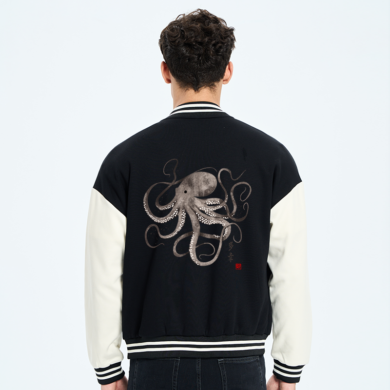 Tokyo-Tiger Octopus Japanese Calligraphy Embroidery Varsity Jacket