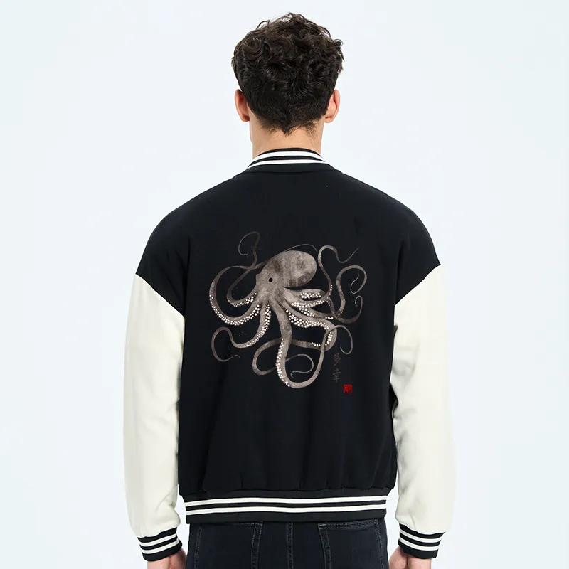 Tokyo-Tiger Octopus Japanese Calligraphy Embroidery Varsity Jacket