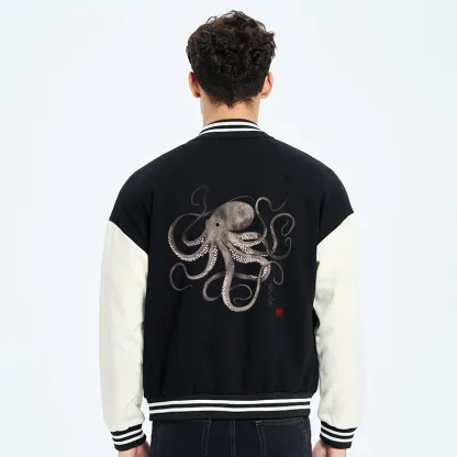 Tokyo-Tiger Octopus Japanese Calligraphy Embroidery Varsity Jacket