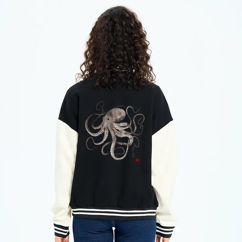 Tokyo-Tiger Octopus Japanese Calligraphy Embroidery Varsity Jacket