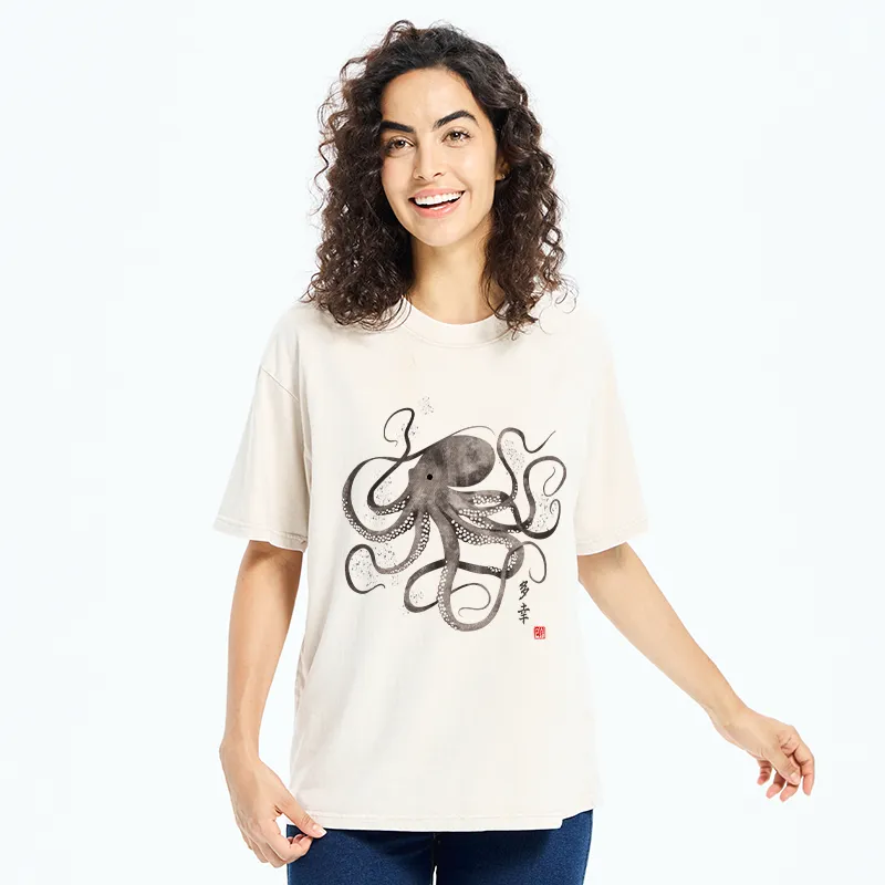 Tokyo-Tiger Octopus Japanese Calligraphy Washed T-Shirt