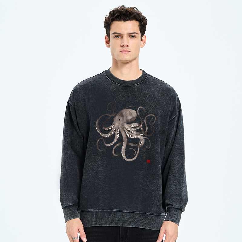 Tokyo-Tiger Octopus Japanese Calligraphy Washed Sweatshirt