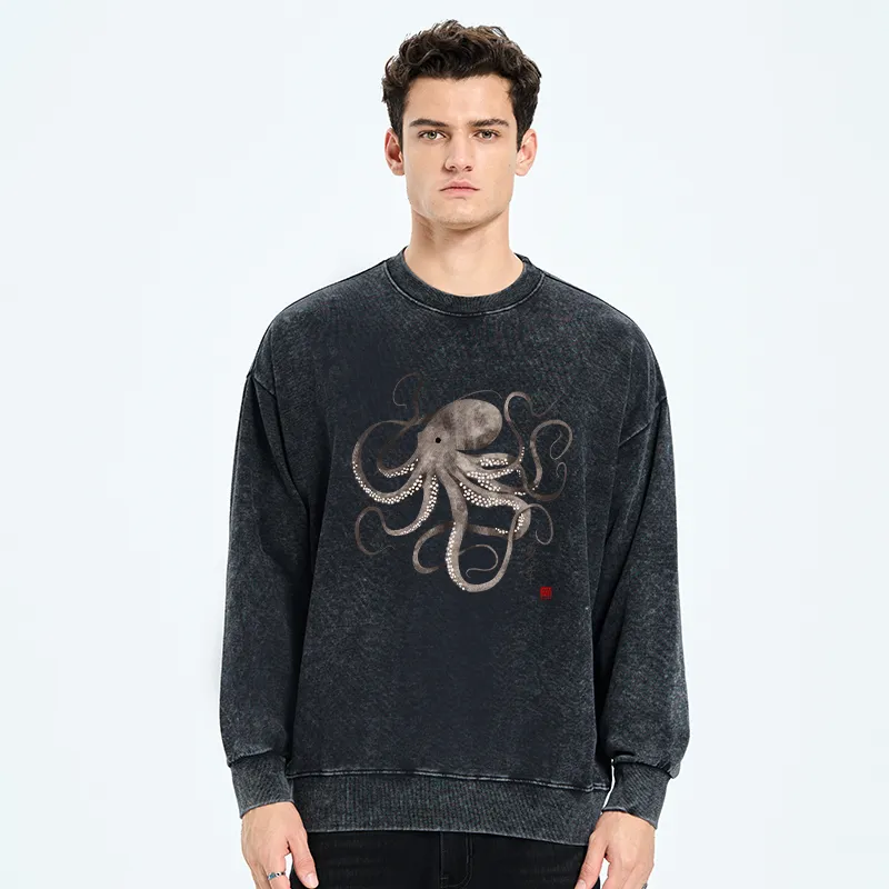 Tokyo-Tiger Octopus Japanese Calligraphy Washed Sweatshirt