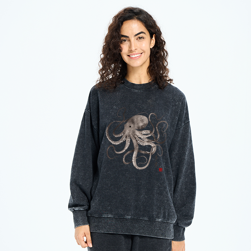 Tokyo-Tiger Octopus Japanese Calligraphy Washed Sweatshirt