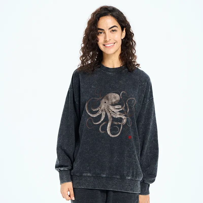 Tokyo-Tiger Octopus Japanese Calligraphy Washed Sweatshirt
