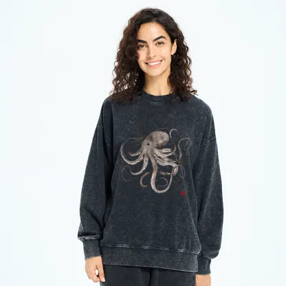 Tokyo-Tiger Octopus Japanese Calligraphy Washed Sweatshirt
