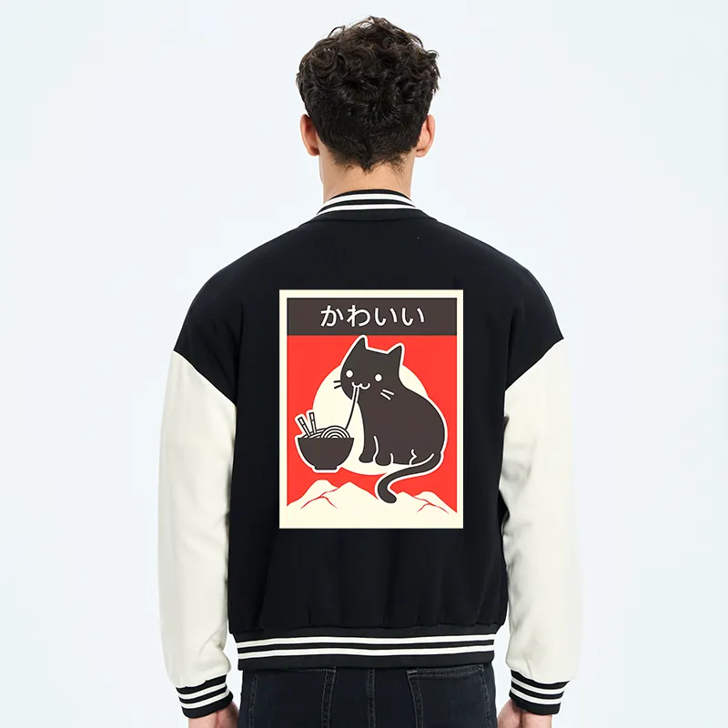 Tokyo-Tiger "Kawaii" Vintage Style Japenese Ramen Cat Embroidery Varsity Jacket-tokyo-tiger