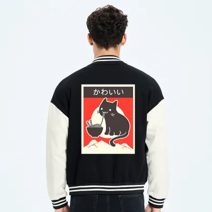 Tokyo-Tiger "Kawaii" Vintage Style Japenese Ramen Cat Embroidery Varsity Jacket-tokyo-tiger