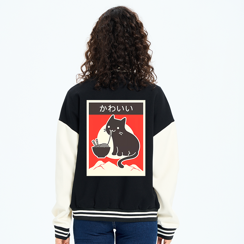 Tokyo-Tiger "Kawaii" Vintage Style Japenese Ramen Cat Embroidery Varsity Jacket-tokyo-tiger