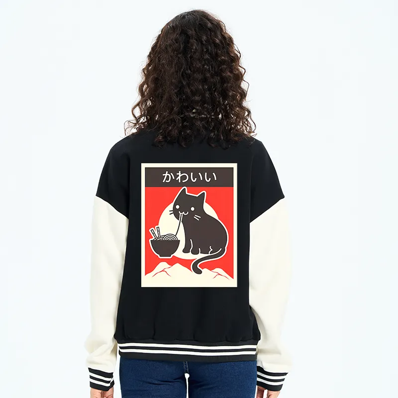 Tokyo-Tiger "Kawaii" Vintage Style Japenese Ramen Cat Embroidery Varsity Jacket-tokyo-tiger