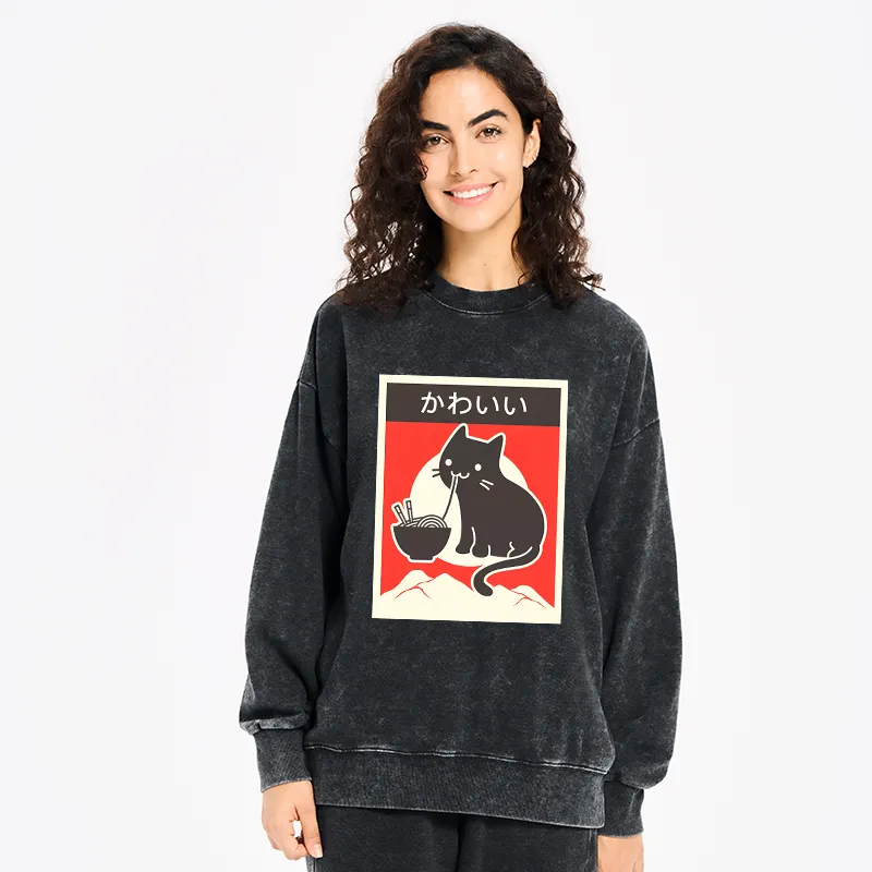 Tokyo-Tiger "Kawaii" Vintage Style Japenese Ramen Cat Washed Sweatshirt-tokyo-tiger