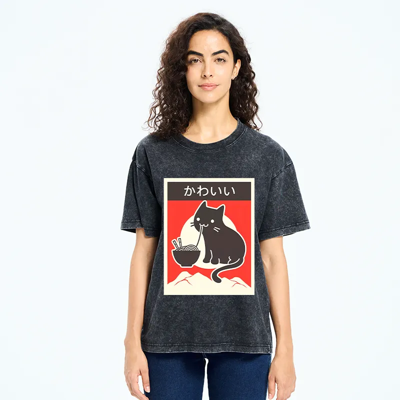 Tokyo-Tiger Kawaii Vintage Ramen Cat Washed T-Shirt