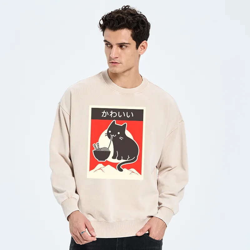 Tokyo-Tiger "Kawaii" Vintage Style Japenese Ramen Cat Washed Sweatshirt-tokyo-tiger