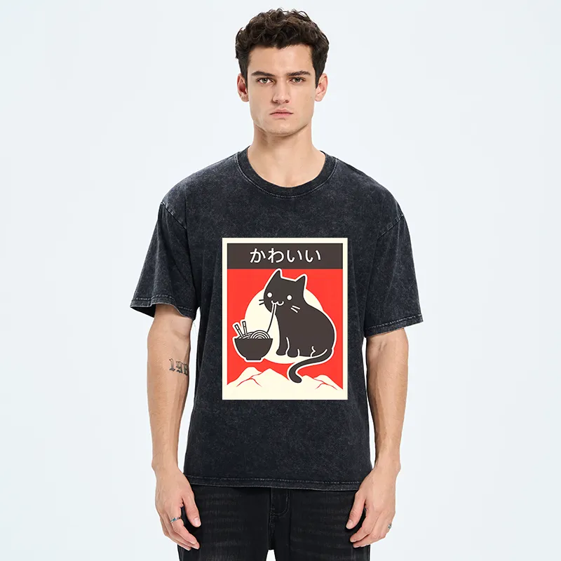 Tokyo-Tiger Kawaii Vintage Ramen Cat Washed T-Shirt