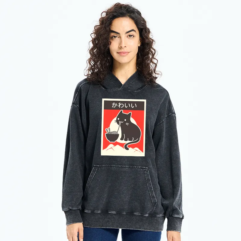 Tokyo-Tiger Kawaii Vintage Ramen Cat Washed Hoodie
