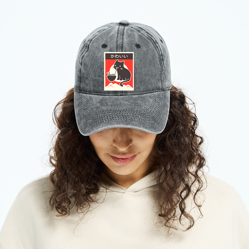 Tokyo-Tiger "Kawaii" Vintage Style Japenese Ramen Cat Washed Cap