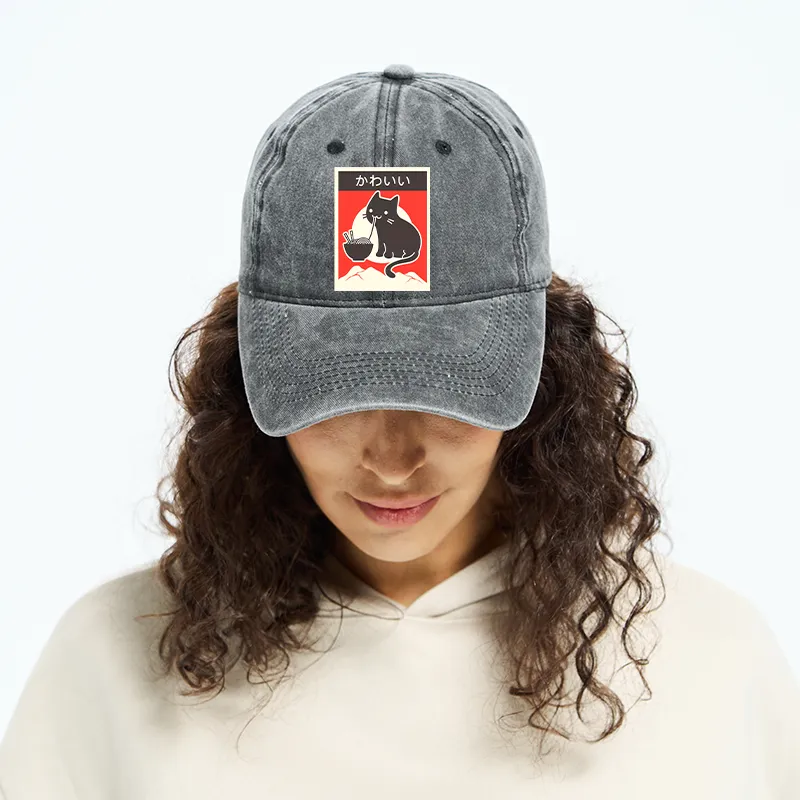 Tokyo-Tiger "Kawaii" Vintage Style Japenese Ramen Cat Washed Cap