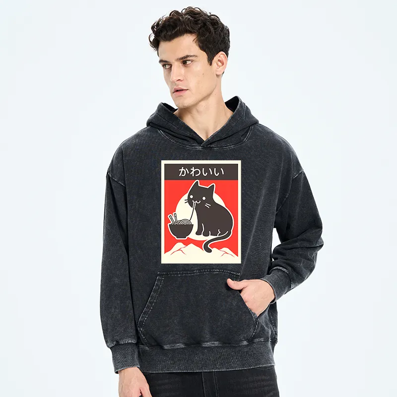 Tokyo-Tiger Kawaii Vintage Ramen Cat Washed Hoodie
