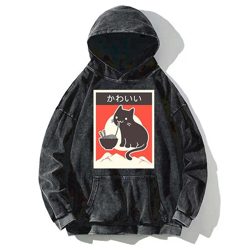 Tokyo-Tiger Kawaii Vintage Ramen Cat Washed Hoodie