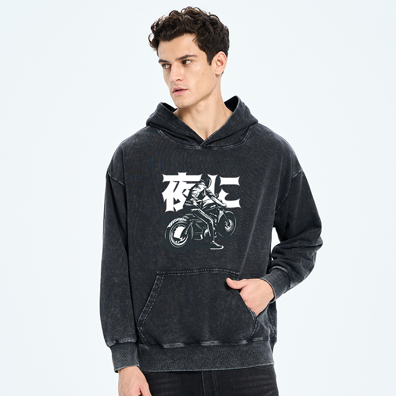 Tokyo-Tiger Motorcyclist Japanese Night Rider Washed Hoodie