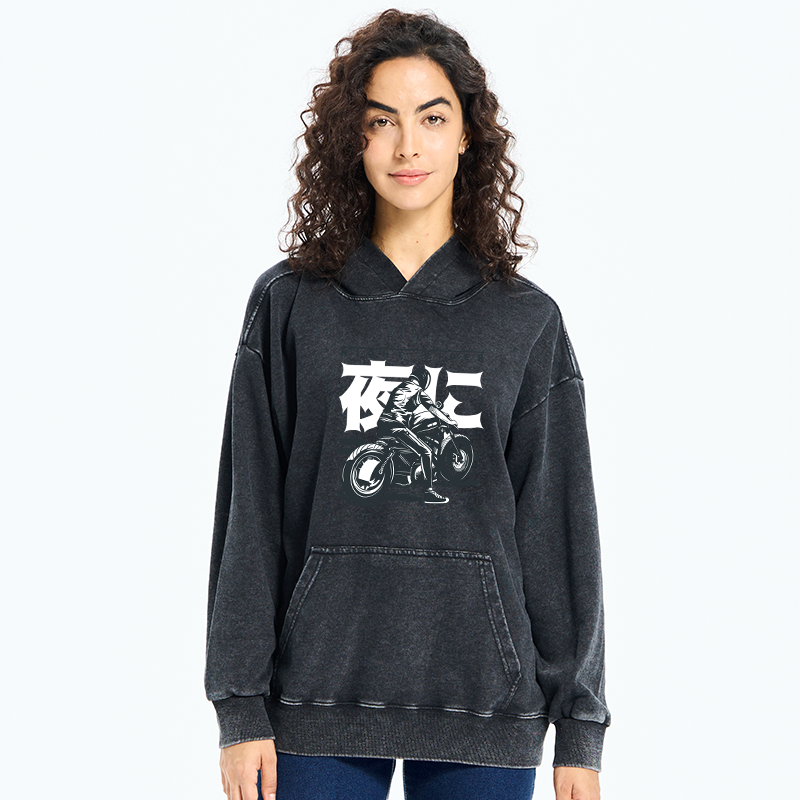 Tokyo-Tiger Motorcyclist Japanese Night Rider Washed Hoodie