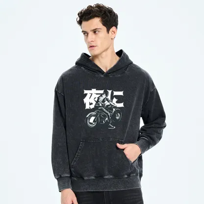 Tokyo-Tiger Motorcyclist Japanese Night Rider Washed Hoodie