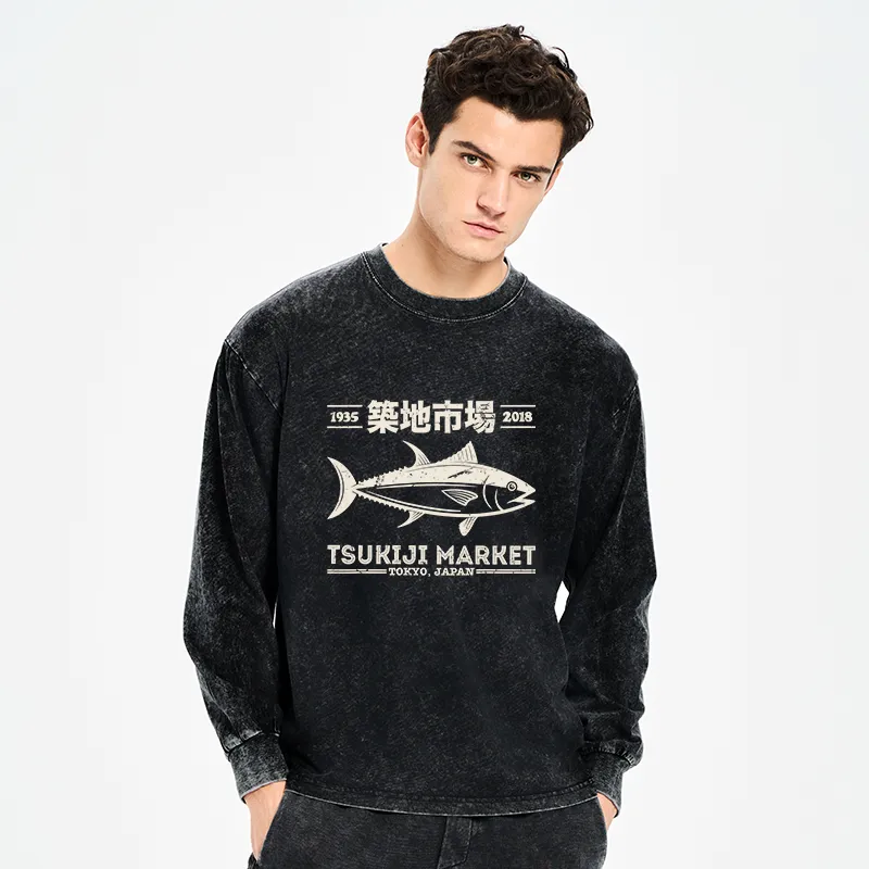 Tokyo-Tiger Retro Tsukiji Fish Market Streetwear Tokyo Washed Long Sleeve T-Shirt