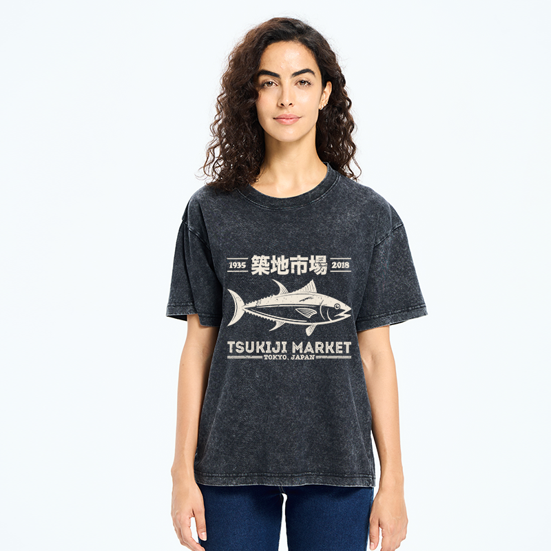 Tokyo-Tiger Retro Tsukiji Fish Market Streetwear Tokyo Washed T-Shirt