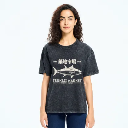 Tokyo-Tiger Retro Tsukiji Fish Market Streetwear Tokyo Washed T-Shirt