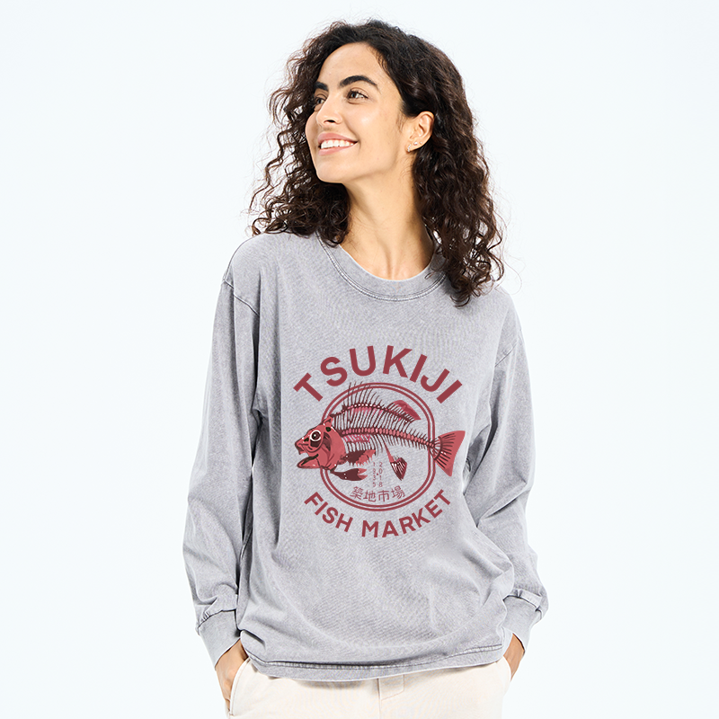Tokyo-Tiger Tokyo Tsukiji Fish Market Vintage Japan Washed Long Sleeve T-Shirt