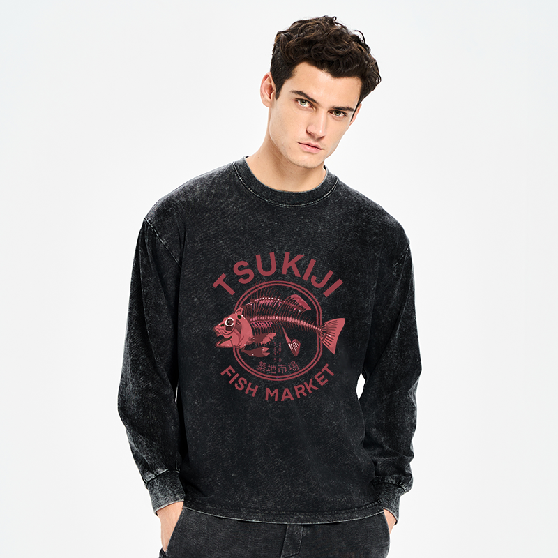 Tokyo-Tiger Tokyo Tsukiji Fish Market Vintage Japan Washed Long Sleeve T-Shirt