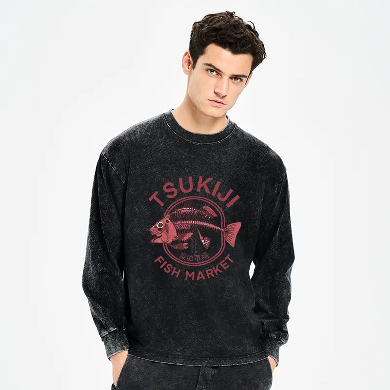 Tokyo-Tiger Tokyo Tsukiji Fish Market Vintage Japan Washed Long Sleeve T-Shirt