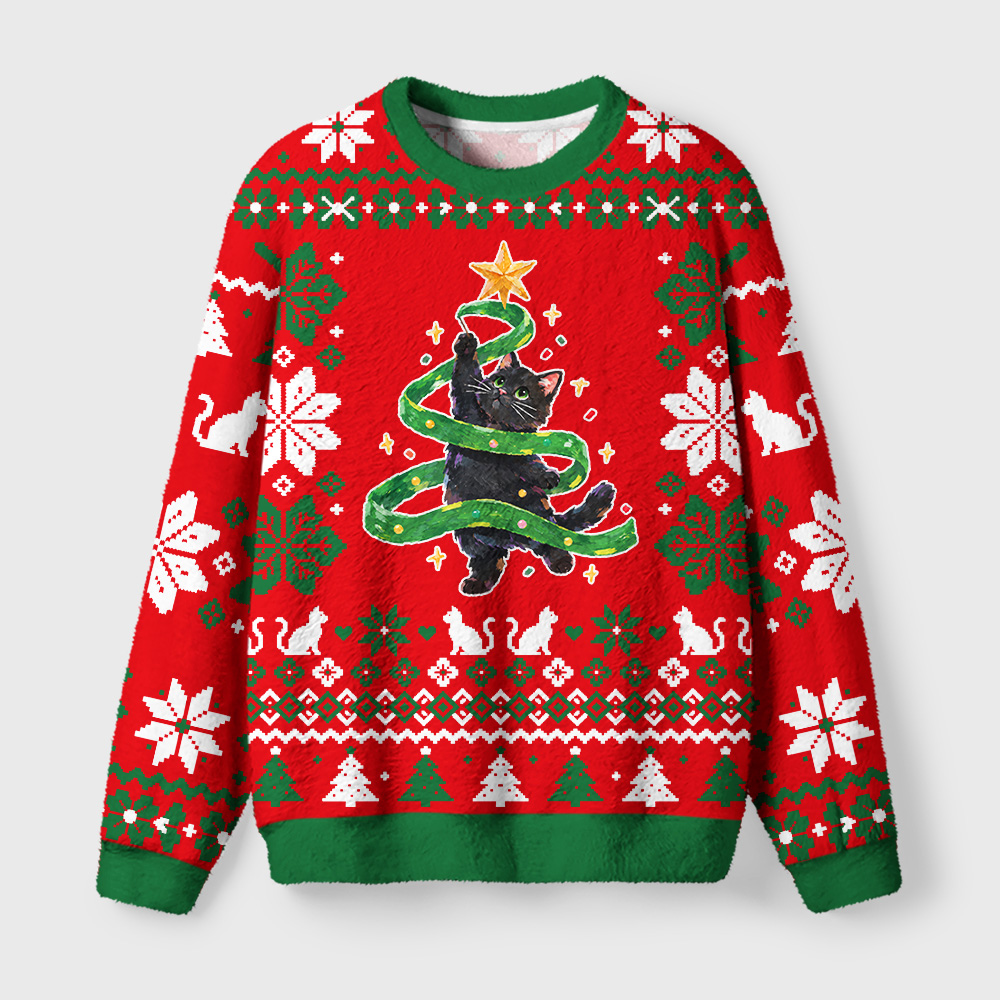 Tokyo-Tiger Cat Tree Christmas Fuzzy Christmas Ugly Sweatshirt