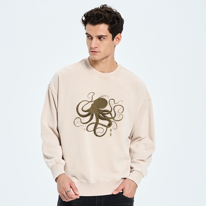 Tokyo-Tiger Octopus Japanese Gold Print Tattoo Washed Sweatshirt